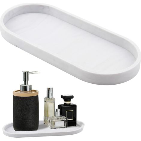 1 Plateau Ovale Résine Marbre Blanc Organiseur Salle De Bain Chambre Cuisine (1/5)