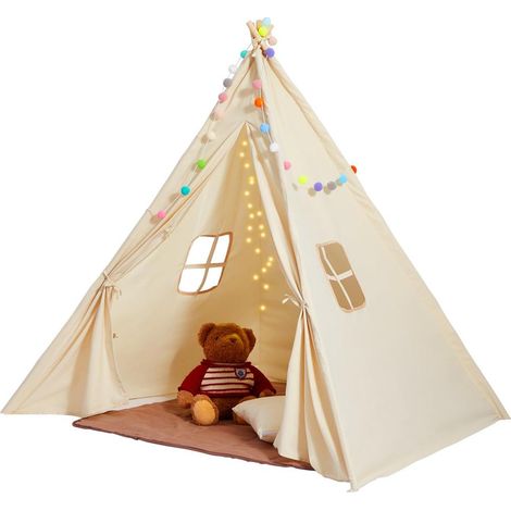 118x118x143 cm Tipi Enfant Tente de Jeu Bois avec Tapis Espace Ludique Intérieur Extérieur Fille et Garçon 1-5 Ans (1/5)