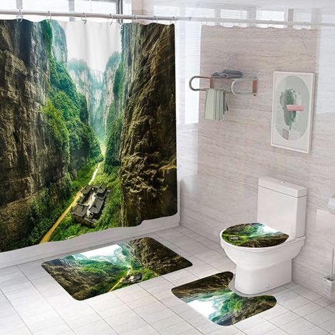 Rideau de douche turquoise à motif paysage de forêt et de montagne pour salle de bain, décoration de baignoire naturelle et brumeuse, en tissu imperméable et résistant avec 12 crochets.