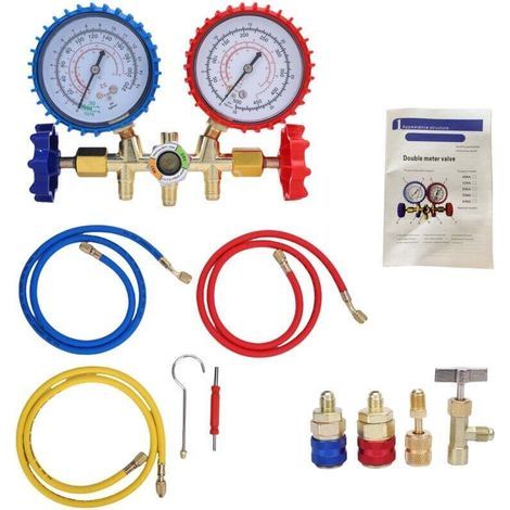 Manomètre climatisation 3 voies professionnel - Compatible R134A/R410A/R404A - Kit complet avec adaptateurs & outils (1/5)
