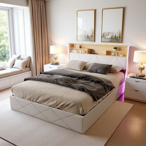 Bettkasten 140x200 cm - TANANT - Weiß - Integrierte LED - USB - Modernes Design