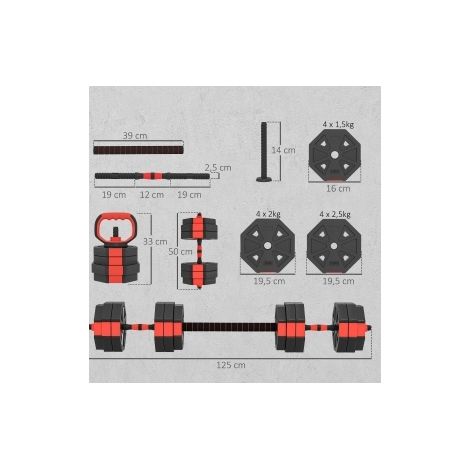 Haltères réglables 4-en-1 25 kg en plastique rouge, gain de place pour home gym FLORAGRACE (1/5)