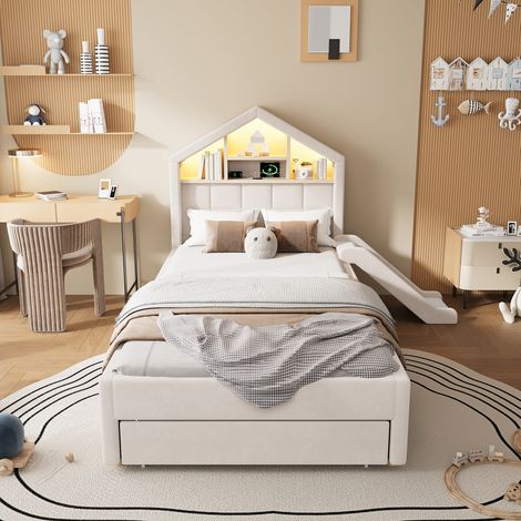 Lit enfant 90x200 cm beige, lit maison capitonné avec toboggan montable gauche/droite, LED, prise de charge, étagère tête de lit et grand coffre (1/5)