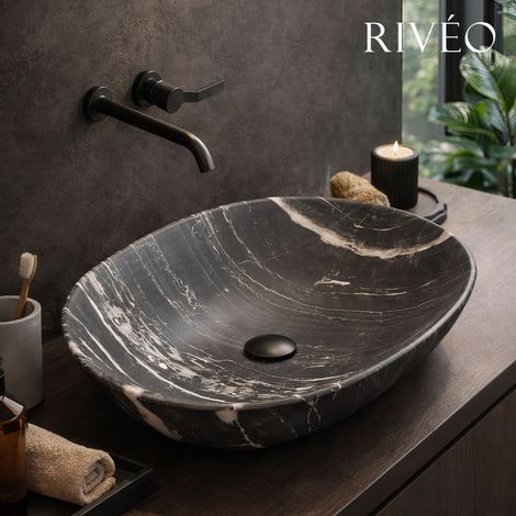 Vasque à poser ovale noire effet marbre blanc 59 x 42,5 x 14 cm en céramique avec bonde incluse - Rivéo