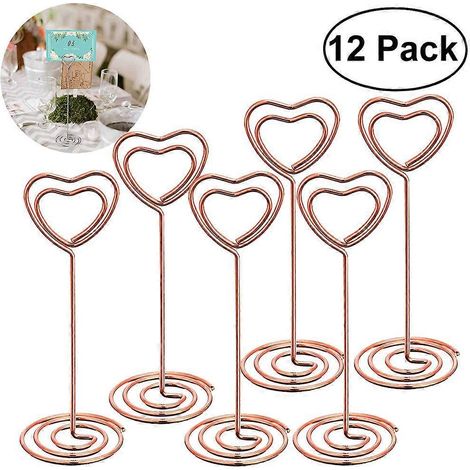 Lot de 12 supports photo en forme de cœur, couleur or rose, porte-numéros de table et pinces pour menus, pour mariages