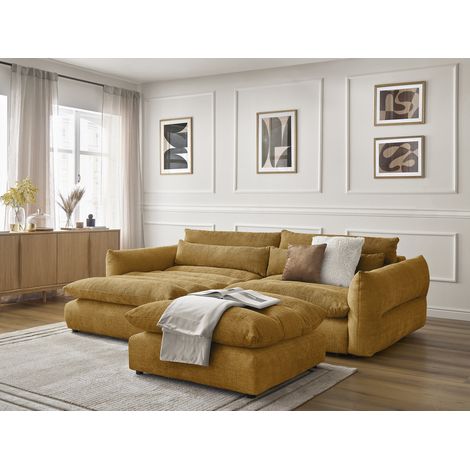 BOBOCHIC - Canapé d'angle fixe NEIL tissu texturé avec pouf Angle gauche Jaune (1/5)