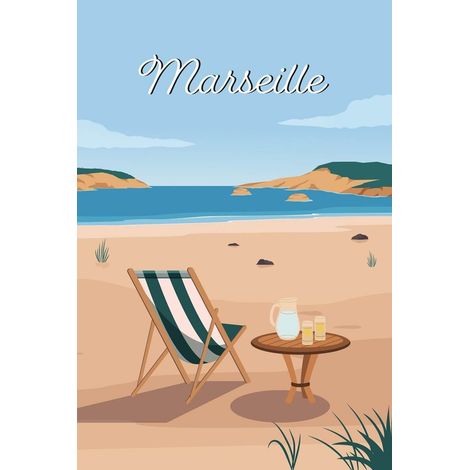 Tableau sur toile illustration plage de Marseille 65x97 cm - Impression sur Toile Murale Décorative - Image imprimée en HD sur Toile - Toile sur Châssis en Bois FSC - Fabriqué en France (1/4)