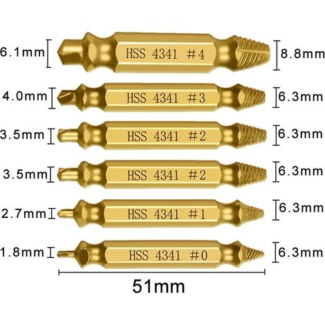 Jeu de 6 outils d'extraction de vis à double extrémité en acier rapide pour vis endommagées et fils cassés (1/5)