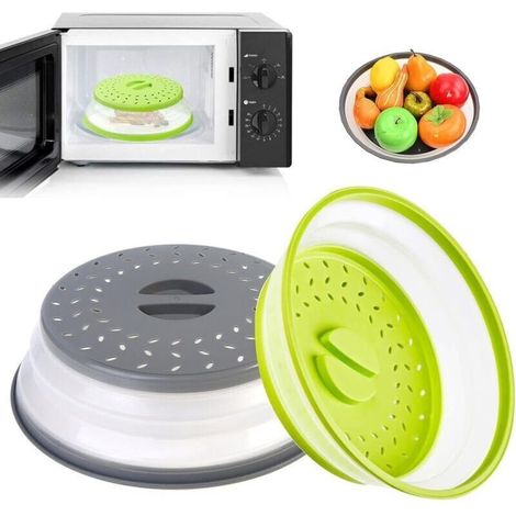 Couvercle Micro-ondes Pliable 2 Pièces – Protection Égouttoir pour Aliments, Légumes et Fruits – Vert & Gris (1/4)