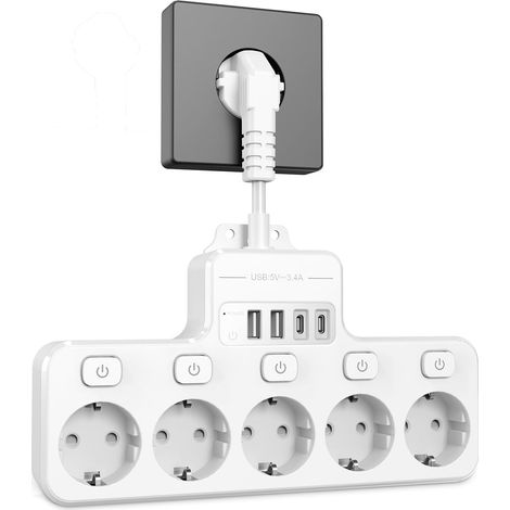 Wandmontierte Steckdosenleiste mit Schalter, 5 Steckdosen mit USB-C- und USB-A-Anschlüssen und einem 10 cm langen Verlängerungskabel für Homeoffice, Gaming und Hotels.