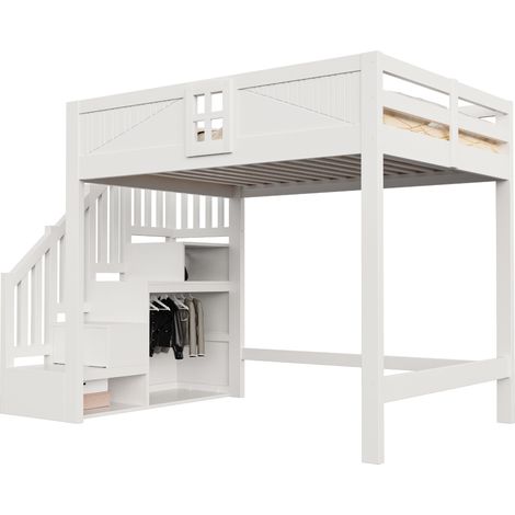 Lit mezzanine 140 x 200 cm avec escalier réversible, rangements intégrés et garde-corps à fenêtre, blanc multifonction CHICFURN (1/5)