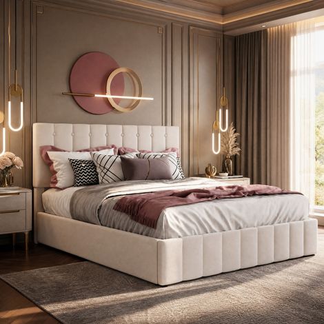 Letto contenitore 140x200 con testiera regolabile, velluto color crema HAVRYA (1/5)
