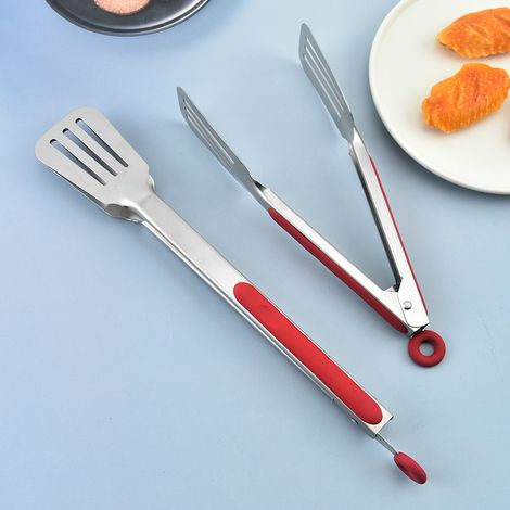Filiyano-Spatule de barbecue haut de gamme en acier inoxydable 304, pince de cuisine antiadhésive robuste rouge