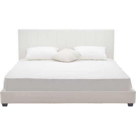 Lit adulte 180x200 cm avec tête de lit capitonnée en velours beige - William (1/5)