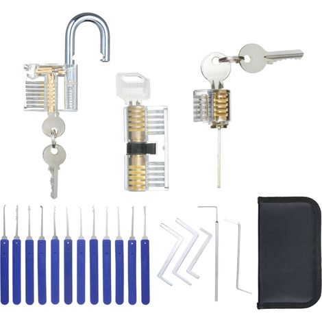 17-teiliges Schlossknacker-Set mit Aufbewahrungstasche + 3 transparente Übungsschlösser für Anfänger, Profis und Kinder.