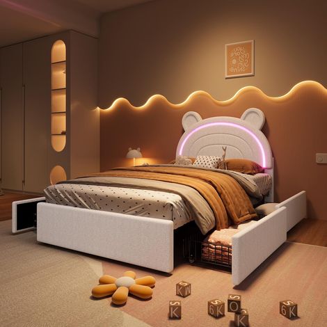Letto con cassetti per bambini 90 x 200 cm - testata a forma di orso - illuminazione led smart con app - stile moderno - velluto - beige