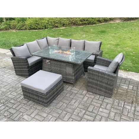Fimous 8 Seater Outdoor Rattan Gas Fire Pit Sofa Dining Set Garden Furniture Heater Dining Table Chair Dark Grey Mixed Left Side (1/2)
