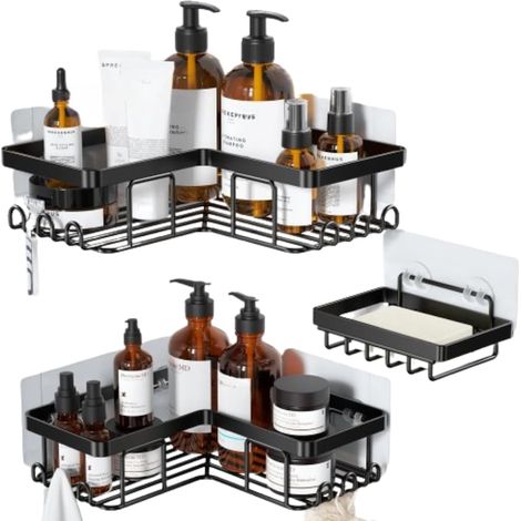Duschregal-Set mit 2 Eckregalen und Seifenschale fürs Badezimmer, Edelstahl, Badezimmer-Organizer mit einfacher Montage ohne Bohren, modernes Design, Schwarz, 3-teilig (1/5)