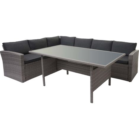 Poly-Rattan-Garnitur HHG-471, Gartengarnitur Sitzgruppe Lounge-Esstisch-Set Sofa grau, Kissen grau (1/5)