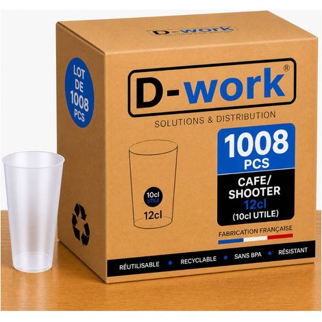 Lot de Verres Gobelets Réutilisables 20 cl (12,5 cl utile) en Polypropylène Sans BPA, Translucides, Résistants et Recyclables, Idéal Soirées, Bars, Événements et Professionnels - D-Work