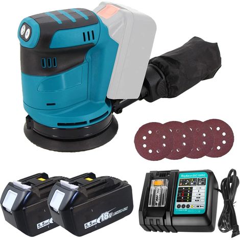 Lucidatrice per levigatrice orbitale,Senza spazzole, 18v LXT al litio Ø 125mm, con 4 pezzi di carta vetrata + 2 batterie da 5,5 Ah + caricatore DC18RC), Compatibile con la batteria Makita