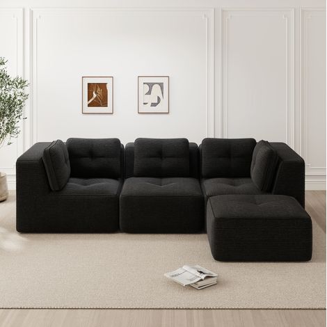 Divano angolare modulare 297x177x69 cm nero in velluto a coste con chaise longue e seduta profonda (1/5)