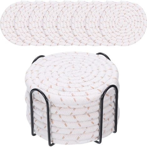 Ensemble de sous-verres ronds bohèmes en coton doré pour table à manger, coussin isolant épais, tapis rond pour thé (avec support), 8 pièces (1/5)