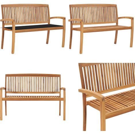 Banco de jardín apilable y cojín madera maciza de teca 128,5 cm - Banco de exterior - Muebles de jardín