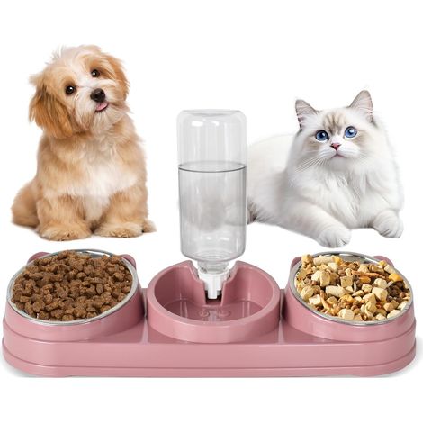 Ensemble Gamelles pour Chat - 3 en 1 Double Gamelles avec Bouteille d'eau de 500 ML, Distributeur d'eau et d'eau Surélevé, pour Petits et Moyens Chiens et Chats (Pink) (1/5)