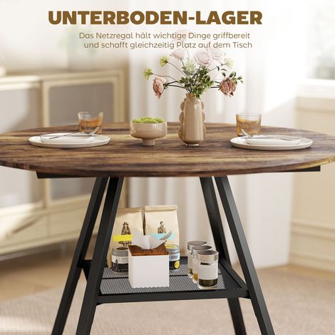 Table ronde industrielle 100 cm pour 4 personnes, table de cuisine avec étagère, plateau effet bois, marron rustique (1/5)