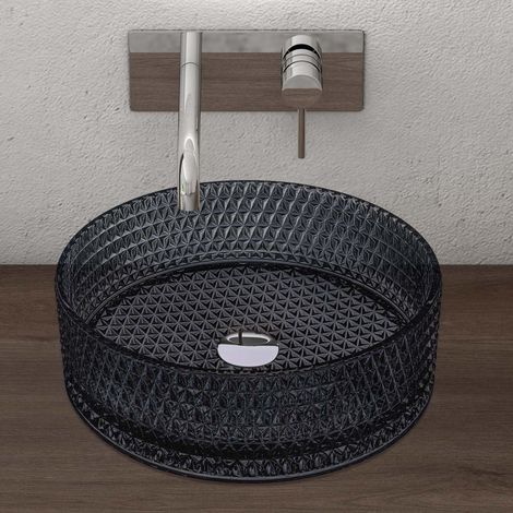 doporro Lavabo da Appoggio in Vetro Temperato Lavandino Bagno Rotondo 39 x 39 x 12 cm Grigio Lavello Design Artistico con Texture per Cucina WC Ospiti Minerva07 (1/5)