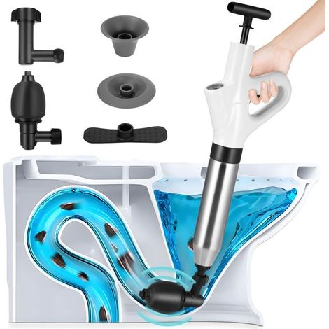 Déboucheur WC 4 in 1 à Air Comprimé Haute Pression - avec 4 Têtes Remplaçables, Cuisine/Salle de Bain/Évier (1/5)