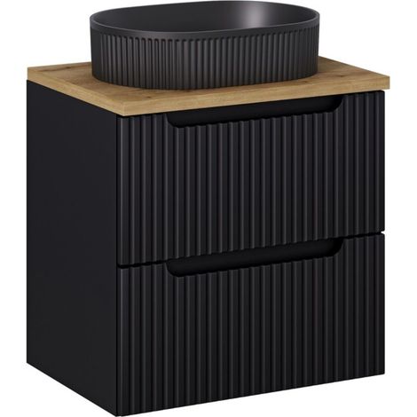 Conjunto VANO 60cm: mueble bajo lavabo con cajones + encimera para lavabo efecto roble + lavabo sobre encimera negro mate ranurado