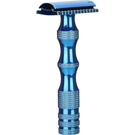 Rasoir manuel classique pour homme, manche en métal antidérapant, double lame, style vintage (bleu) (1/5)