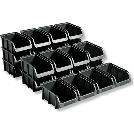 Lot de 24 boîtes de rangement empilables, taille 2, polypropylène (PP) incassable et recyclé, idéal pour les systèmes de rangement et de tri, les étagères, les rayonnages d'atelier, noir (1/2)