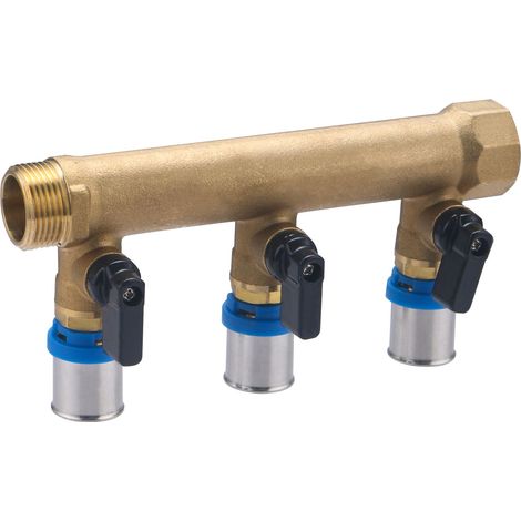 Colector Macho Hembra 3/4 Salidas para Multicapa a Prensar QUICK PLOMBERIE - 3 salidas multicapa Ø20 con Válvulas