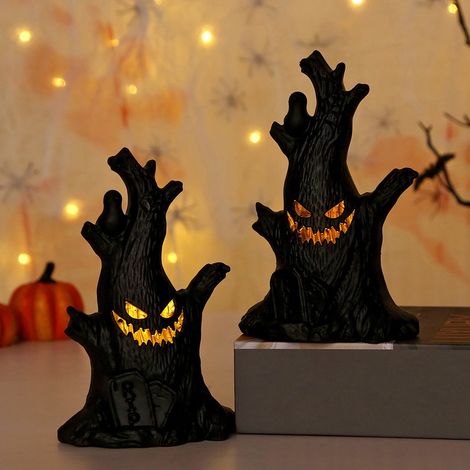 Stump - Lampe Citrouille LED - Décoration Halloween Arbre Intérieur Extérieur - Noir - 10 x 7,5 x 16 cm - 1 Pièce (1/5)