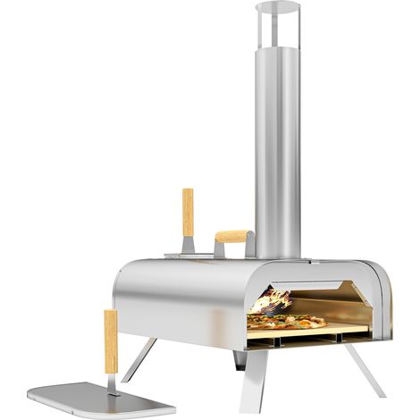 Four à pizza portable extérieur, bois ou granulés, pierre réfractaire, pieds repliables, cheminée inox acier inoxydable argenté (1/5)