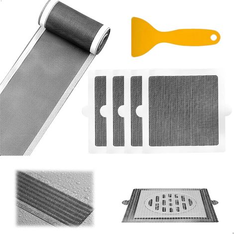 Attrape Cheveux Autocollant, Kit 2en1 Filtre Drain Douche/Baignoire, Anti-Bouchons et Insectes, Facile à Poser, 1 Rouleau (12x500cm) + 4 Autocollants Carrés (15x15cm) (1/5)