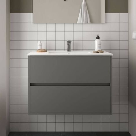 Hänge-Badezimmerschrank Claros80 mattgrau mit Waschbecken mit 2 Schubladen 80x45x56h