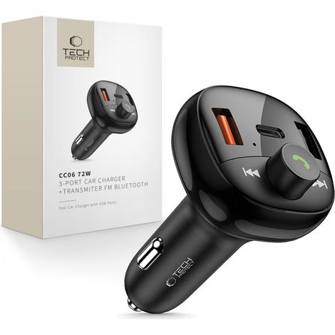 Caricabatterie da auto Tech-protect CC06 a 3 porte PD72W + trasmettitore FM Bluetooth nero (1/5)