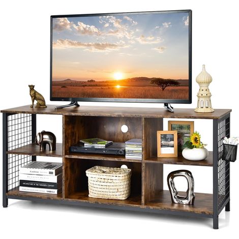 COSTWAY Mobile TV Industriale Fino a 65", Tavolo Multimediale a 3 Ripiani con Cesto Portaoggetti, Mobile TV in Legno con 2 Fori per La Gestione dei Cavi, 140 x 40 x 63 cm (1/5)