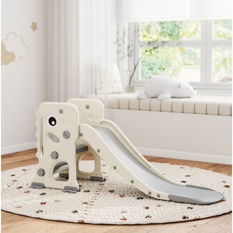 Toboggan enfant 3 en 1 avec structure d'escalade, panier de basket et balle, pliable à plat pour intérieur, style dinosaure crème - CHICFURN (1/5)