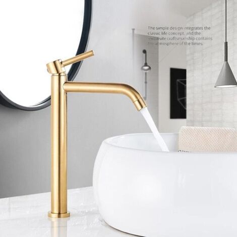 Robinet de lavabo de salle de bain dore avec bec haut et poignée brodée pour salle de bain en laiton avec cartouche en céramique Zamery (1/5)