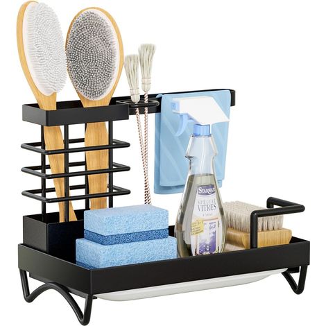 Porte Eponge Evier Noir, Organisateur Lavabo, Cuisine Support Eponge Evier, Porte Torchon Évier Cuisine, Eponge Rangement Organisation Cuisine, Y Compris Amovible Bac de Vidange (Noir)