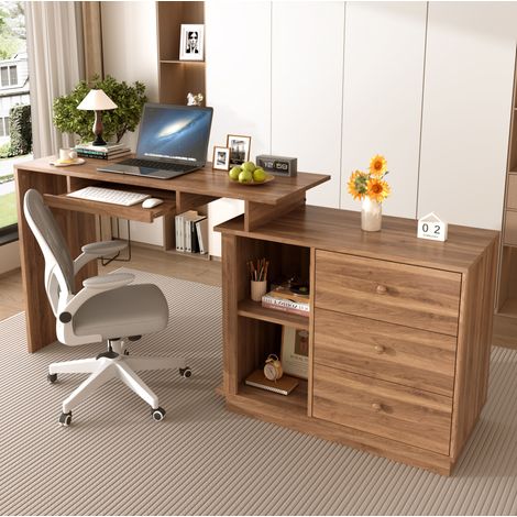 Scrivania multifunzione estensibile in MDF 110 cm con ripiano tastiera e vani marrone HAVRYA (1/5)