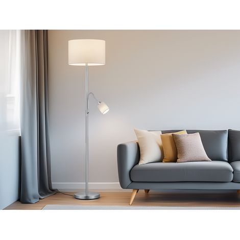 LED Stehleuchte Silber mit Leselampe, Stoffschirme Weiß, Höhe 170cm (1/5)