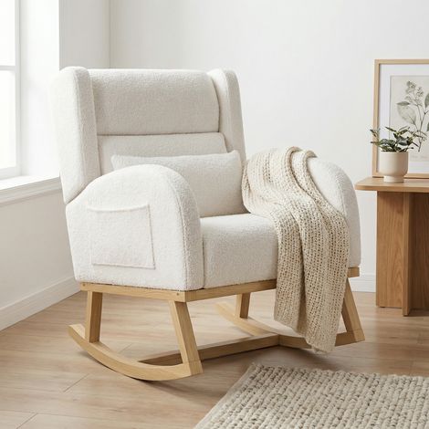 Sedia a dondolo, Poltrona relax 92x65x89cm con tasche laterali e cuscino lombare, Poltrona dondolo in tessuto Teddy bouclé e legno, Stile Moderno, Bianco