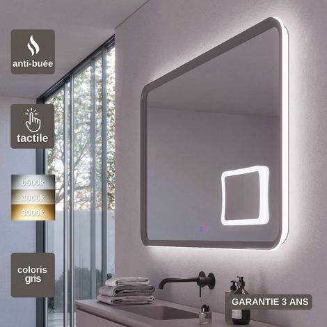 Miroir LED Réglable 100X80cm Gris - Rétro-éclairé & Éclairage Frontal - Commandes Tactiles & Anti-Buée - Zone X3 - DUOMO LEDIMEX (1/5)