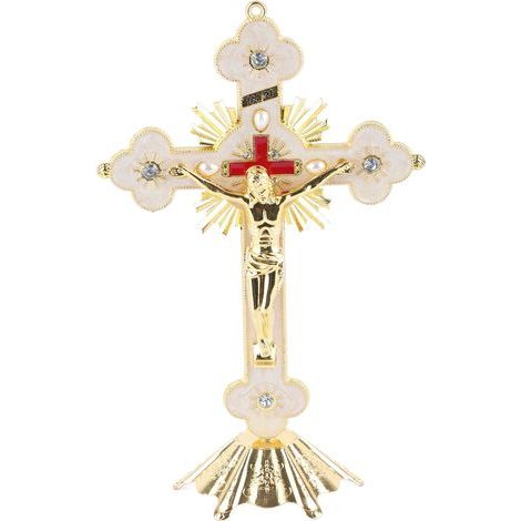 Tischkreuz aus Metall mit roten Strasssteinen, elegante christliche Retro-Dekoration für Zuhause (1/5)